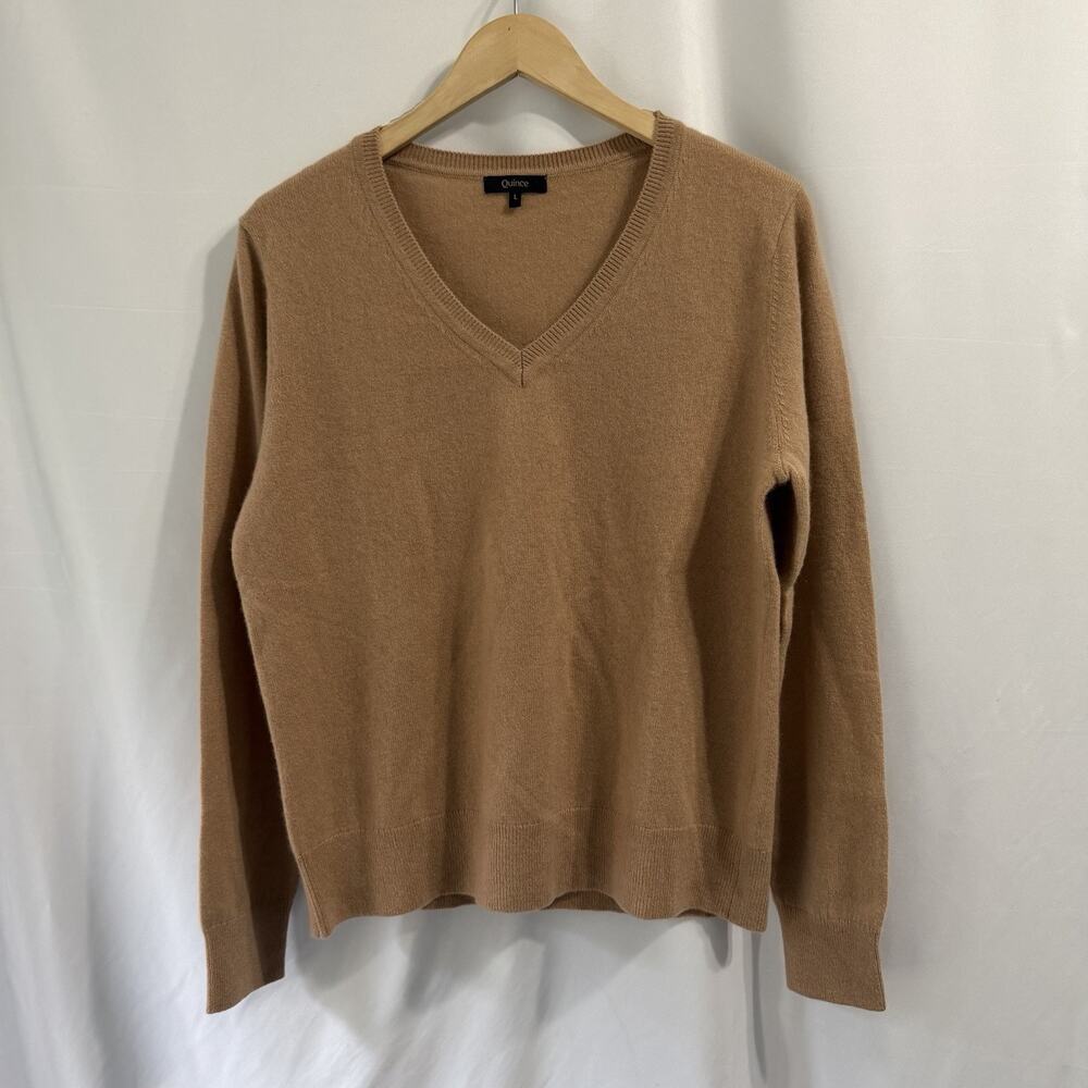 Quince Womens 100% Mongolian Cashmere Sweater Large Camel V-Neck Pullover Knit